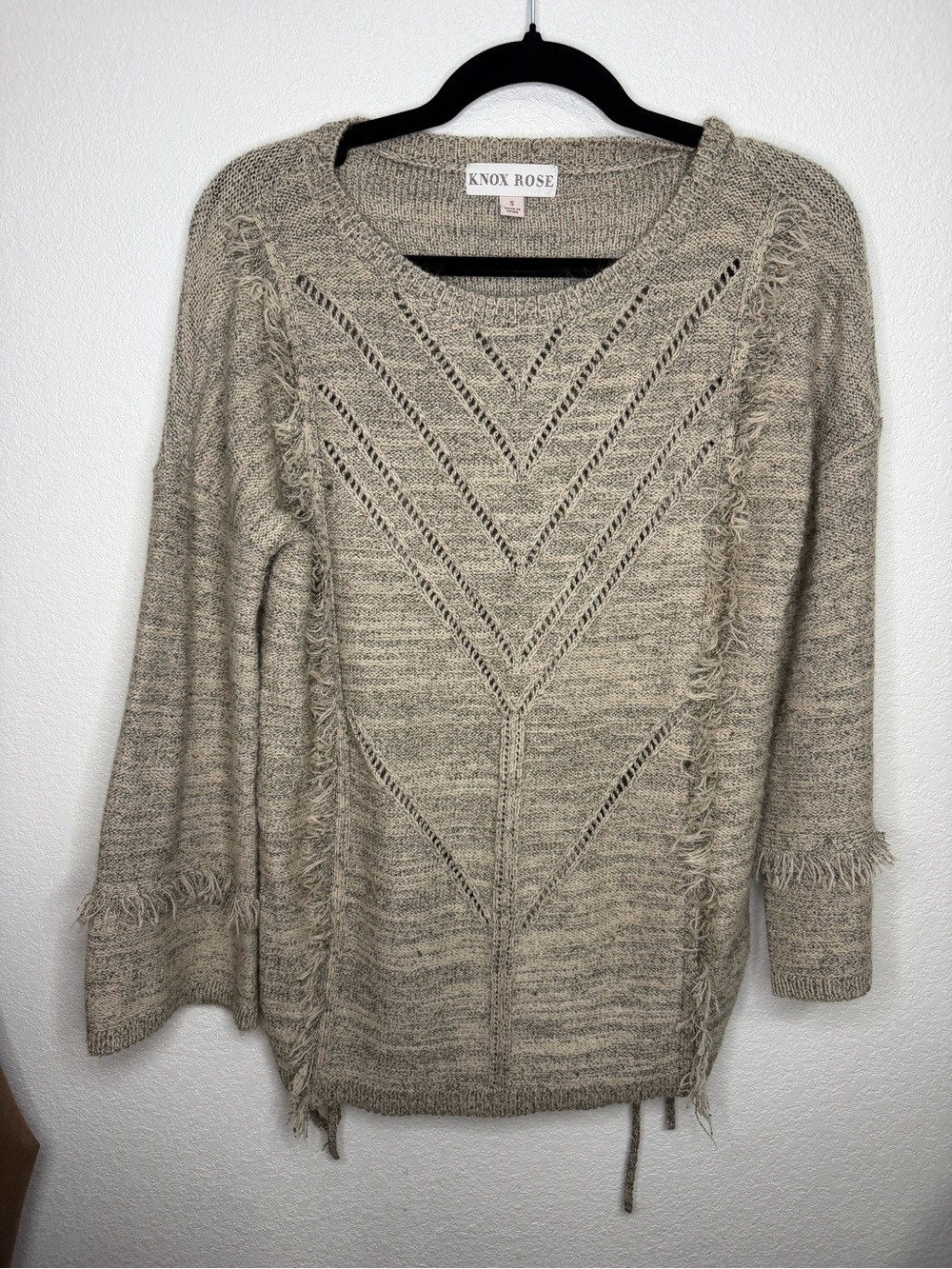 Knox Rose Sweater Womens Small Oatmeal Beige Fringe Chevron Open Knit